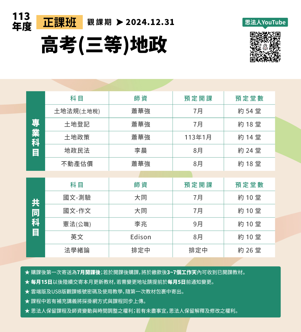 華強地政在思法人_113年度_正課班_師資堂數表_地政_高考三等地政
