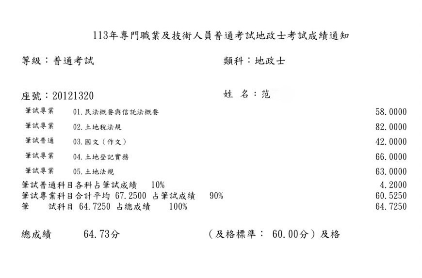 113地政士-上榜生-范同學-成績單已碼