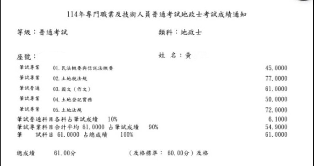 114地政士上榜生-黃于佳-成績單已碼