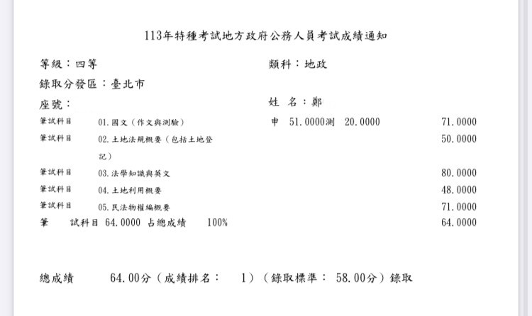 113地特四等地政台北區榜首-鄭禮醇-成績單已碼